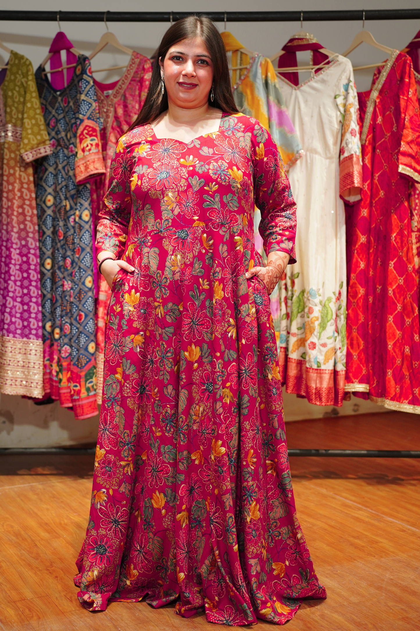 Hibiscus Lane Foiled Rayon Dress With Pockets