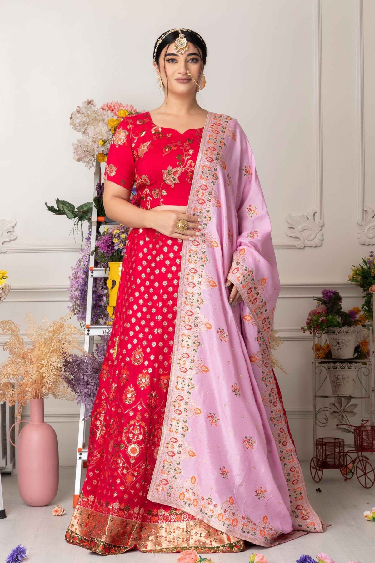 Buy Plus Size ​Gulabi Jhankaar Banarasi Silk Lehenga At Apella | Sizes XS to 10 XL | India | Free Delivery | Customized