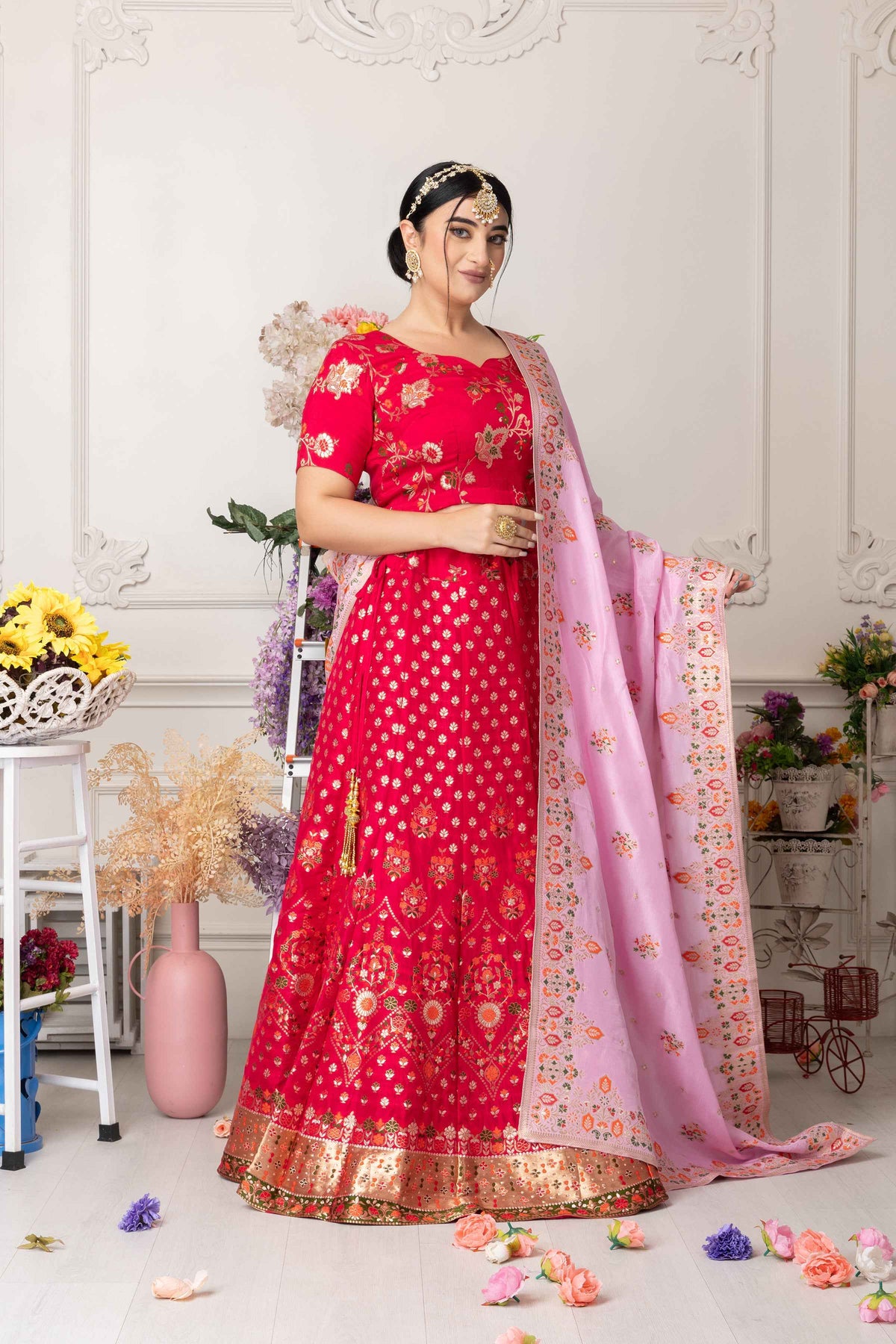 Buy Plus Size ​Gulabi Jhankaar Banarasi Silk Lehenga At Apella | Sizes XS to 10 XL | India | Free Delivery | Customized