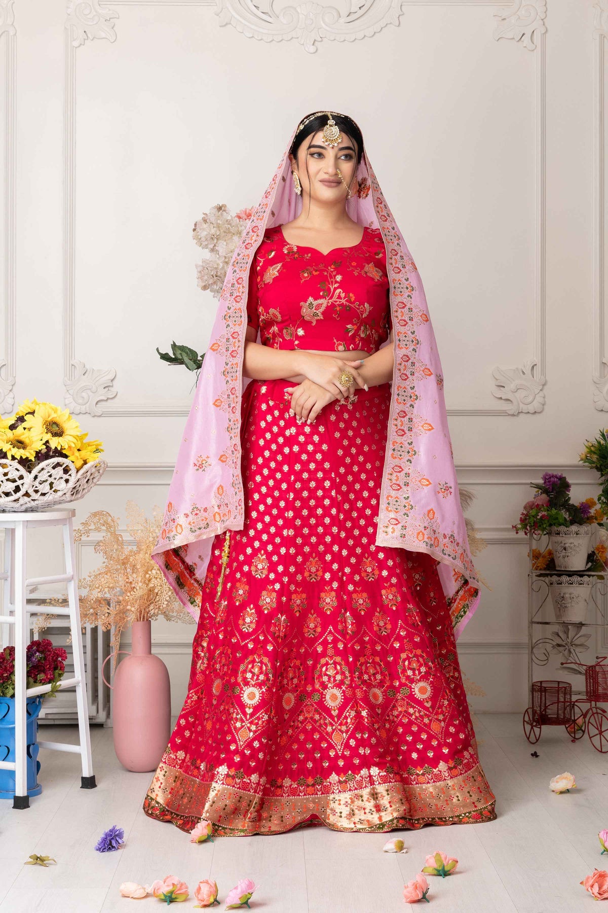 Buy Plus Size ​Gulabi Jhankaar Banarasi Silk Lehenga At Apella | Sizes XS to 10 XL | India | Free Delivery | Customized