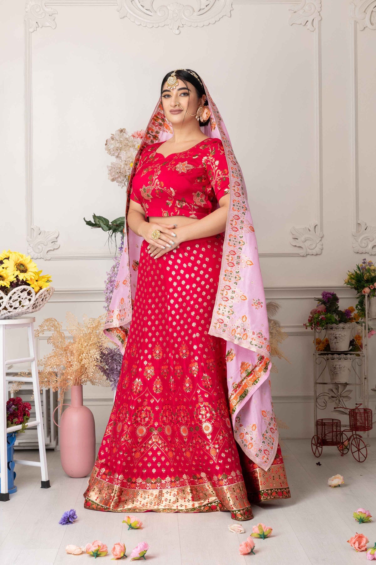 Buy Plus Size ​Gulabi Jhankaar Banarasi Silk Lehenga At Apella | Sizes XS to 10 XL | India | Free Delivery | Customized