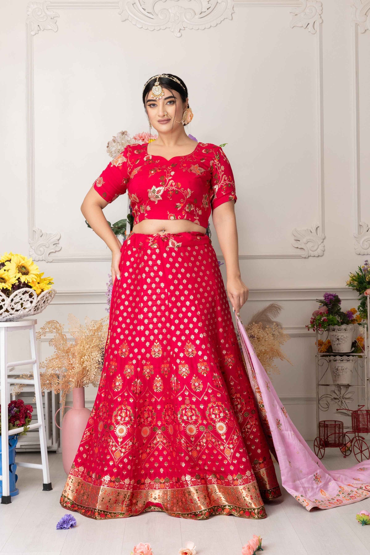 Buy Plus Size ​Gulabi Jhankaar Banarasi Silk Lehenga At Apella | Sizes XS to 10 XL | India | Free Delivery | Customized