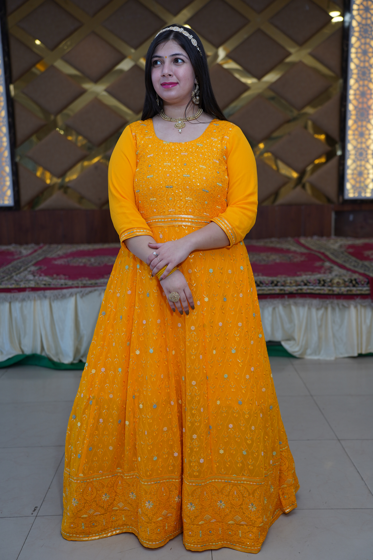 Marigold Glow Georgette Dress with Dupatta