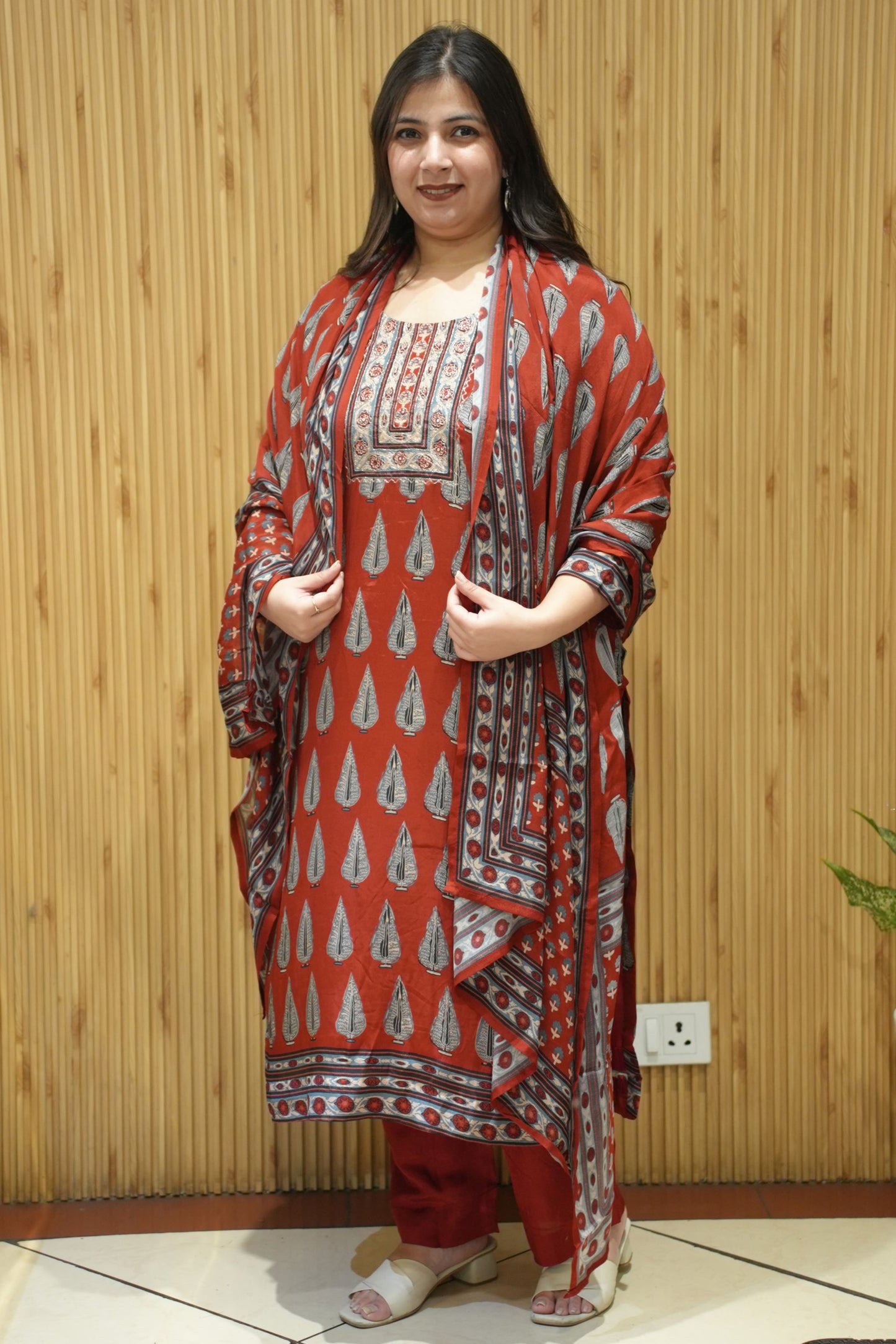 Mehrani Maroon Crepe Suit With Mirror Work
