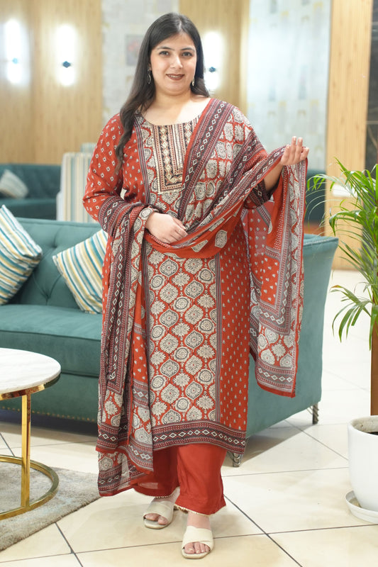 Zafraani Mehroon Crepe Suit With Mirror Work