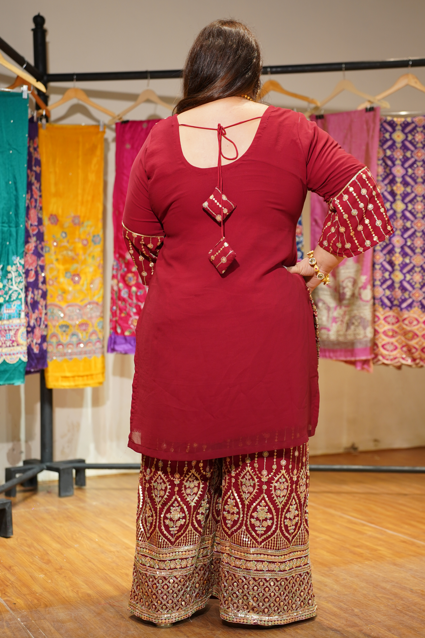 Maroon Merlot Embroidered Georgette Suit