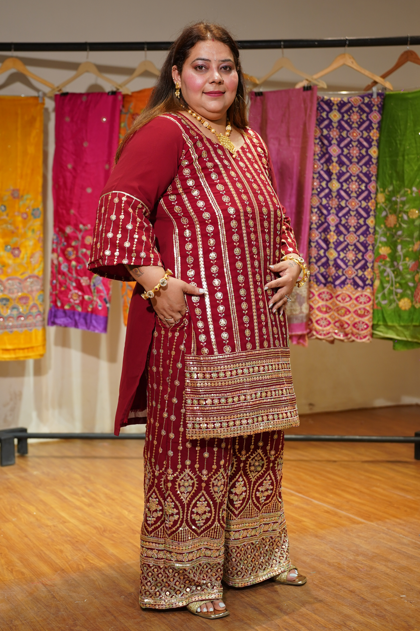 Maroon Merlot Embroidered Georgette Suit