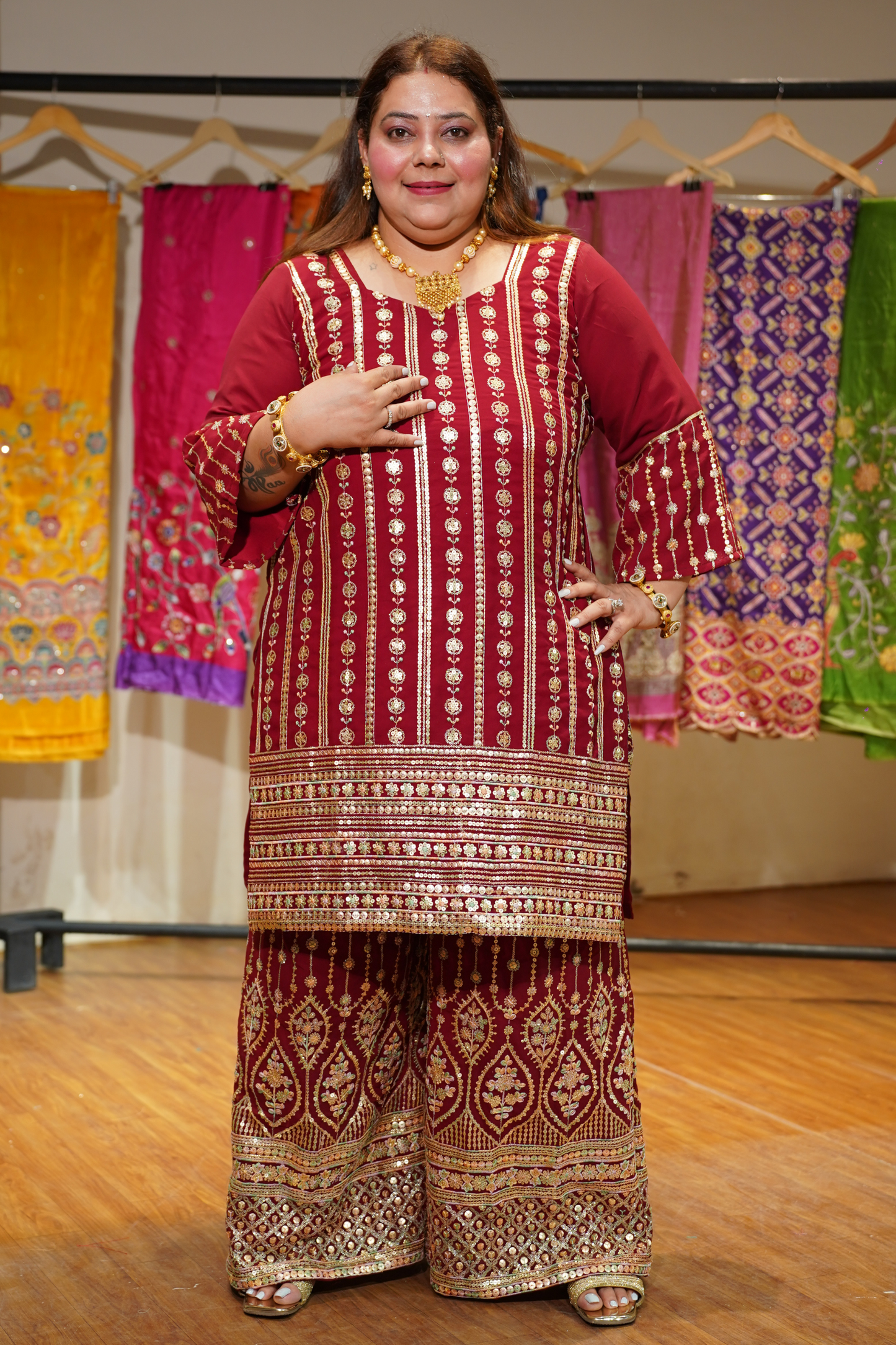 Maroon Merlot Embroidered Georgette Suit