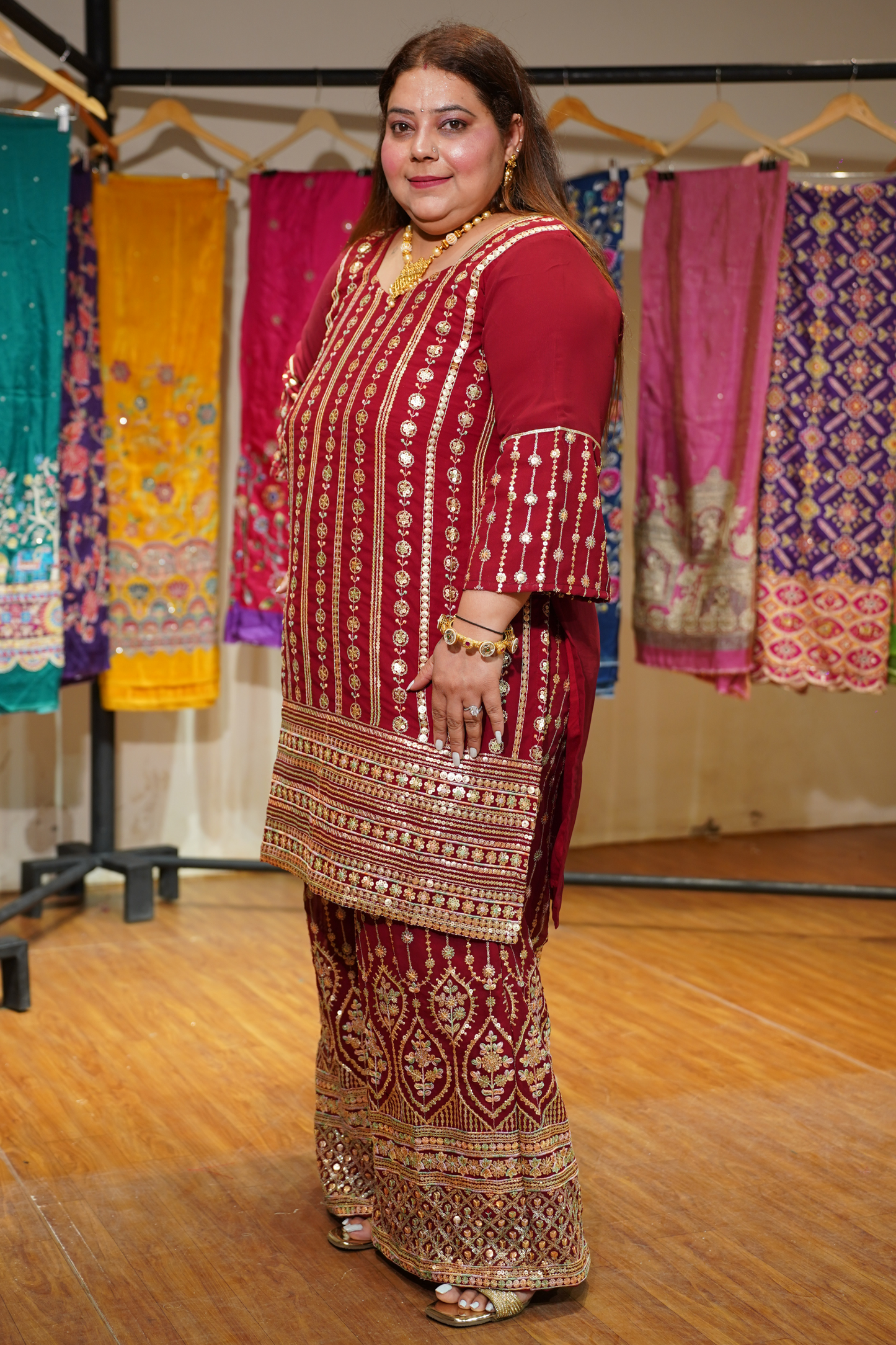 Maroon Merlot Embroidered Georgette Suit