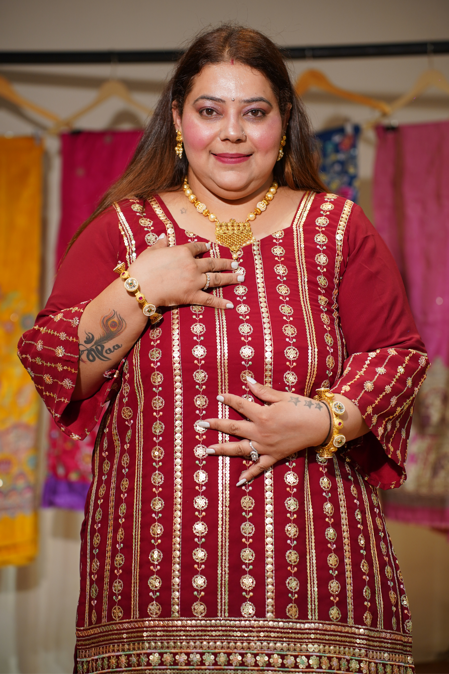 Maroon Merlot Embroidered Georgette Suit