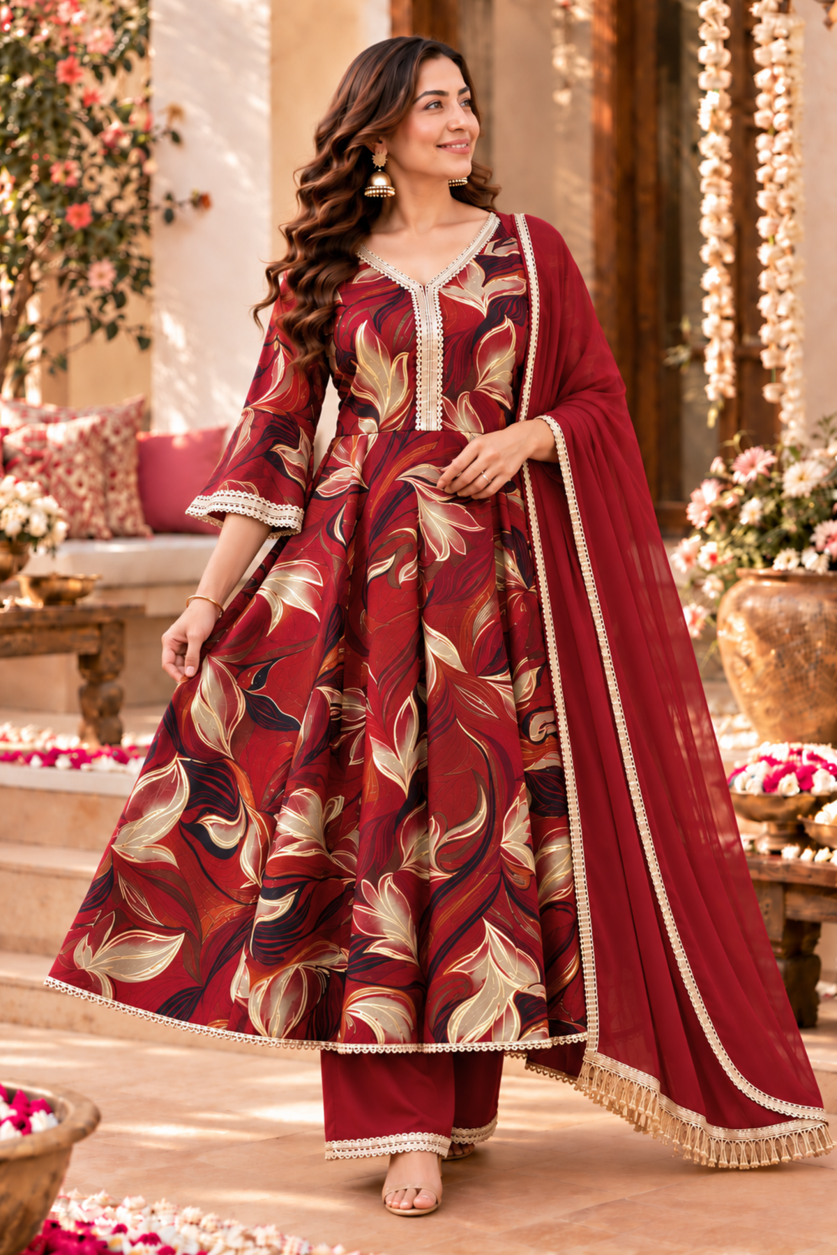 Crimson Sparkle Foiled Anarkali Set