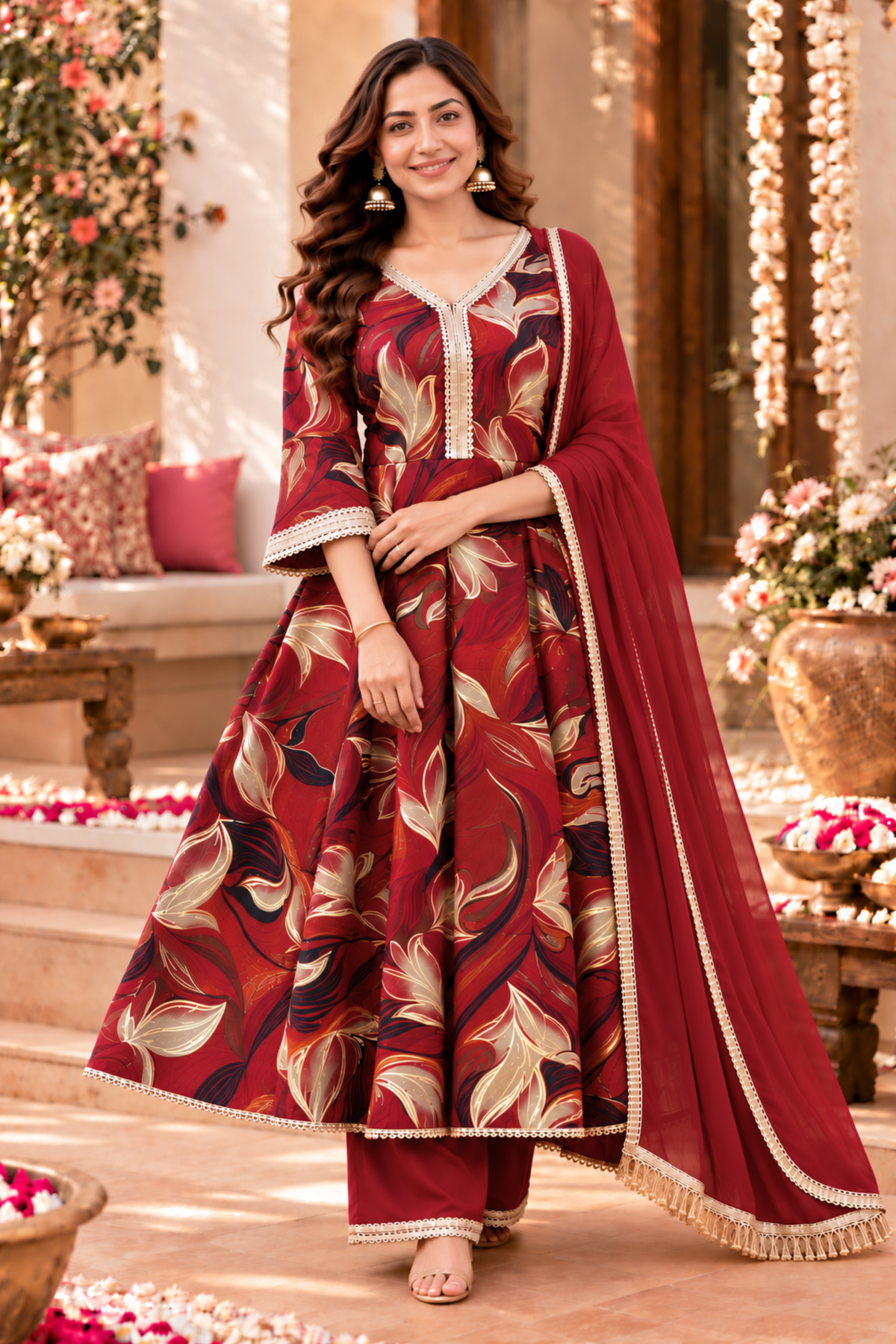 Crimson Sparkle Foiled Anarkali Set