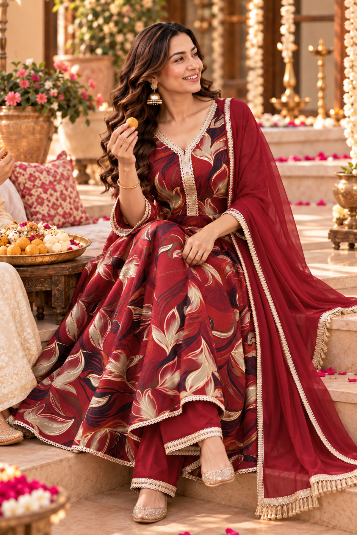 Crimson Sparkle Foiled Anarkali Set