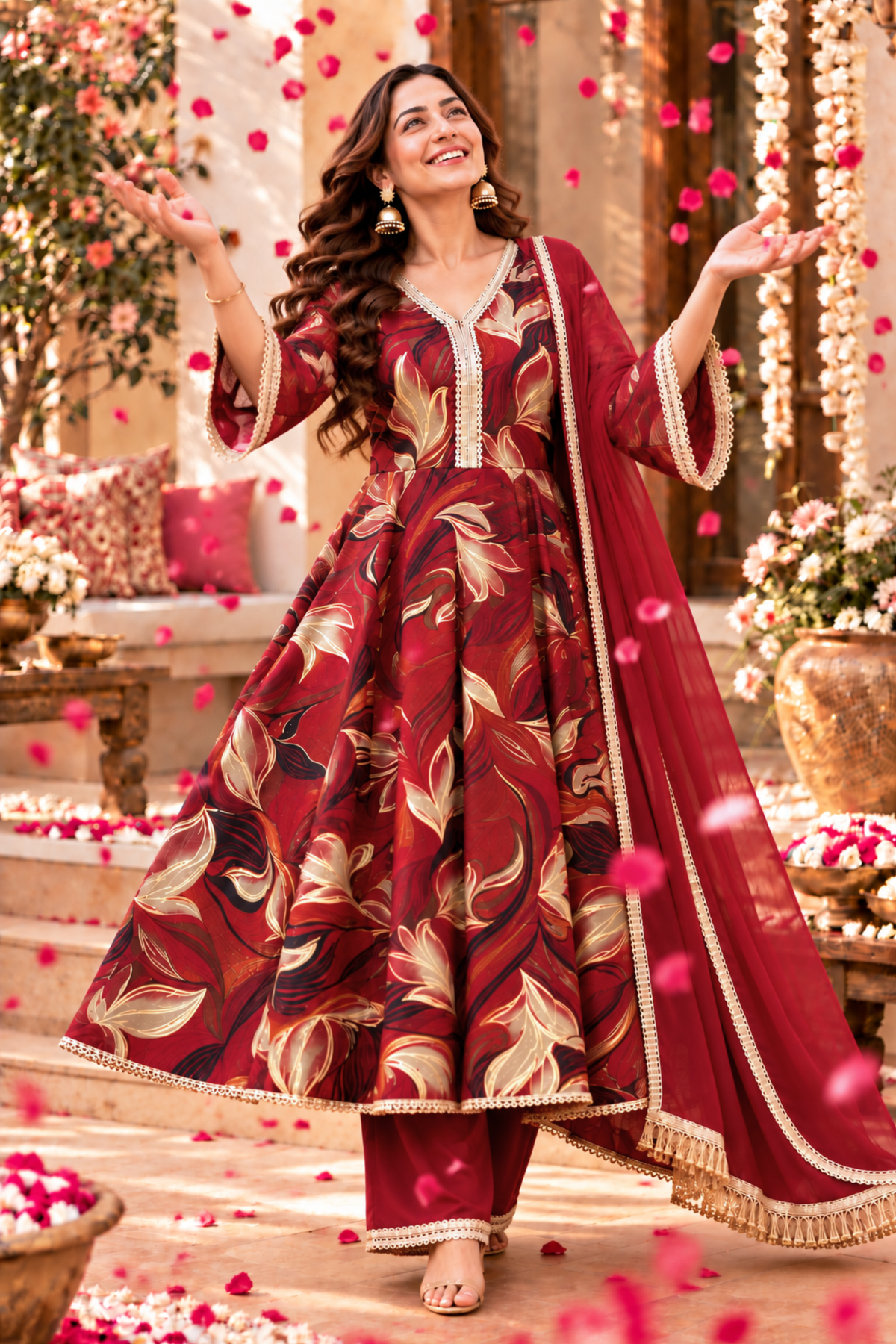 Crimson Sparkle Foiled Anarkali Set