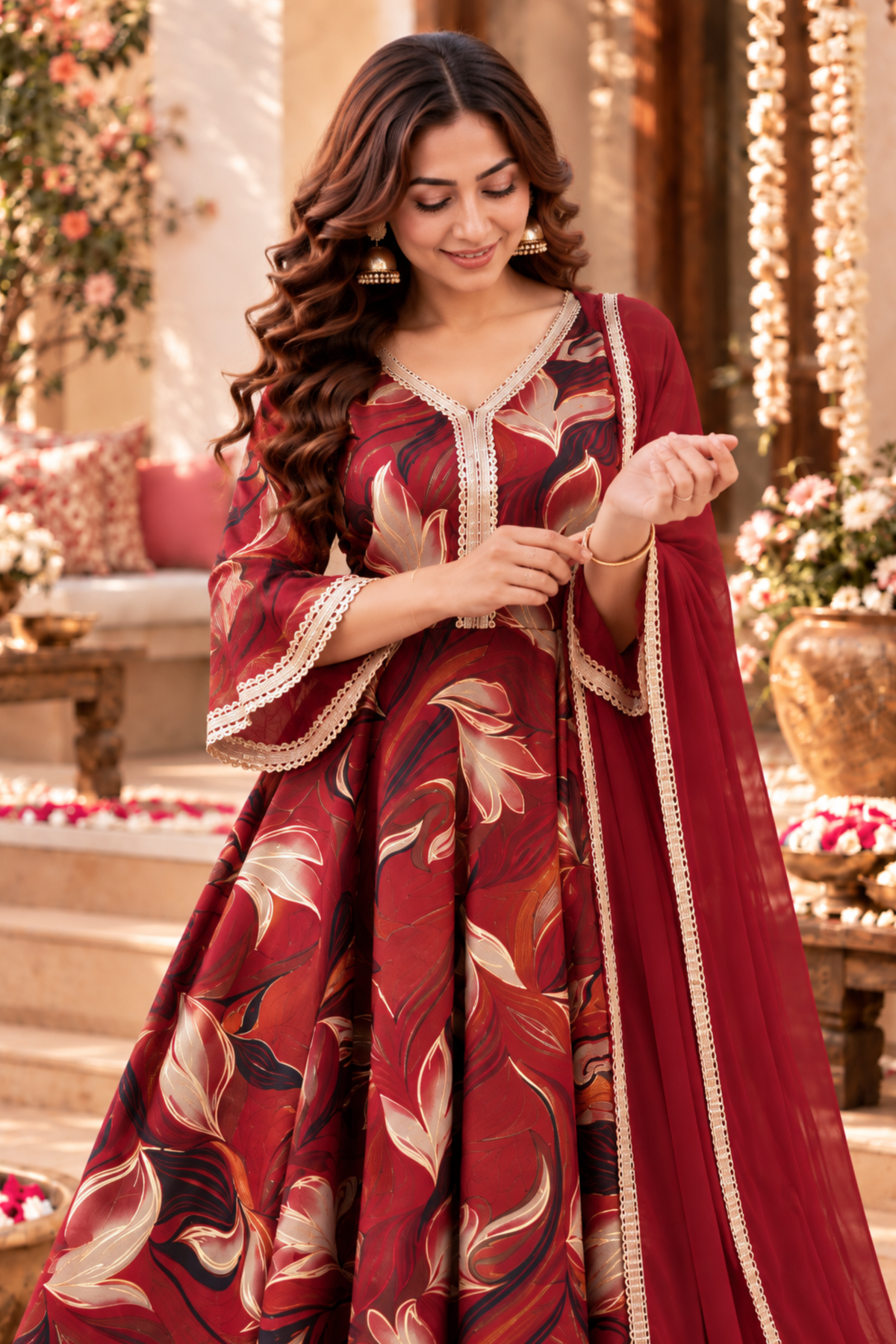 Crimson Sparkle Foiled Anarkali Set
