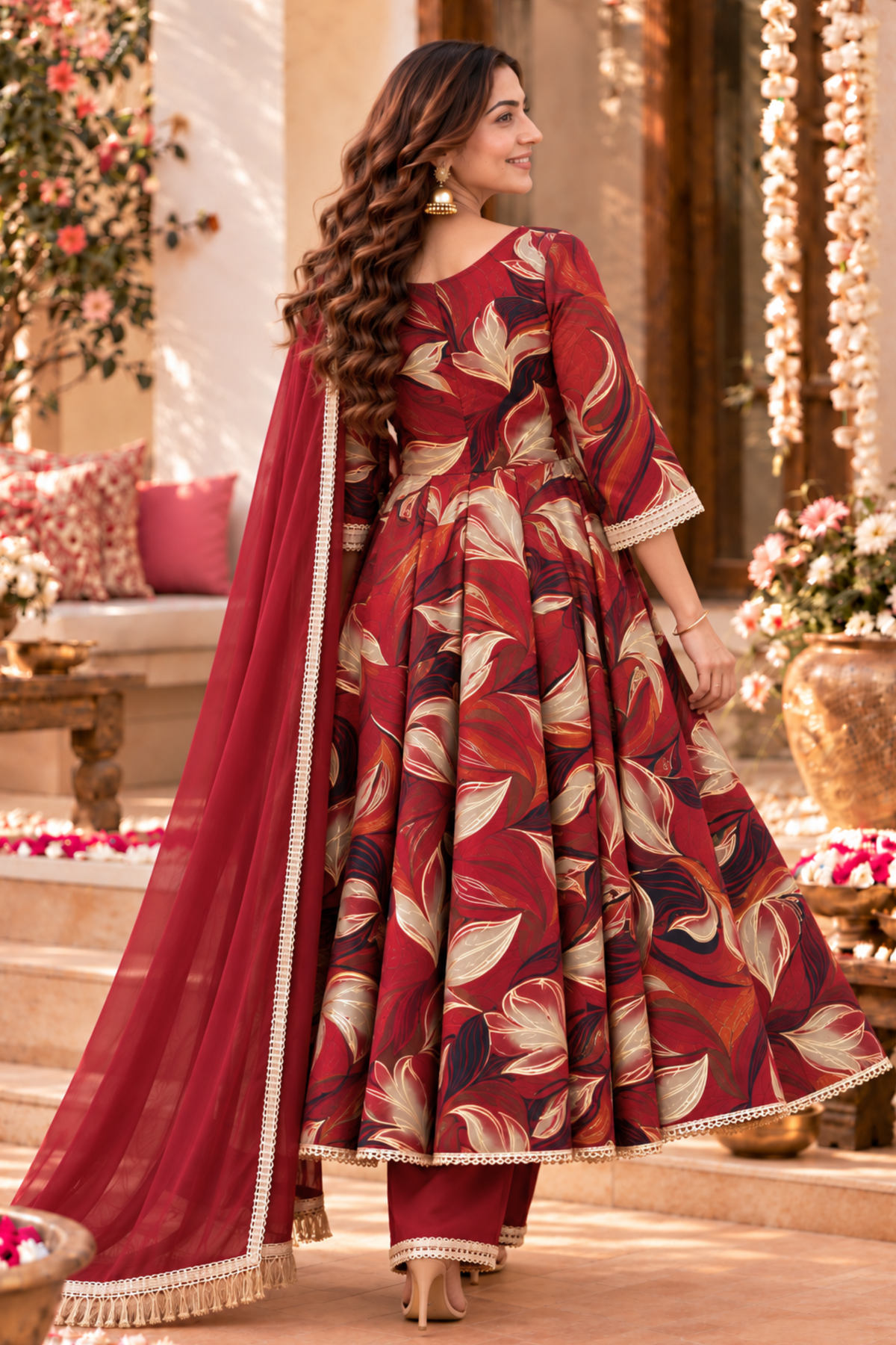 Crimson Sparkle Foiled Anarkali Set