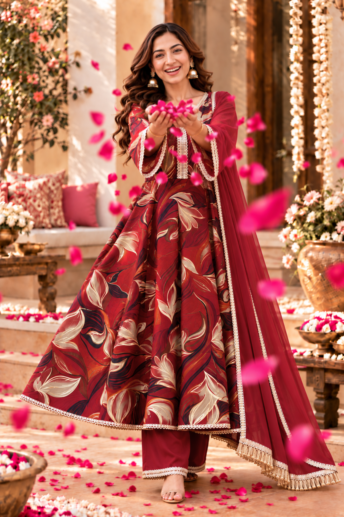 Crimson Sparkle Foiled Anarkali Set