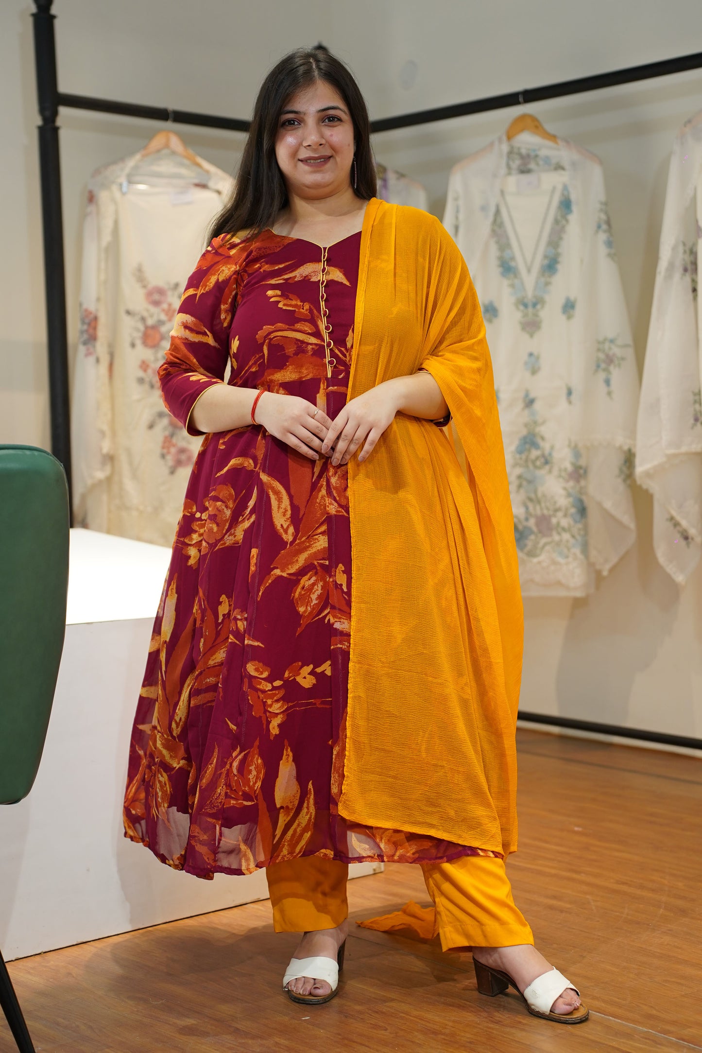 Maroon Mogra Floral Anarkali Set