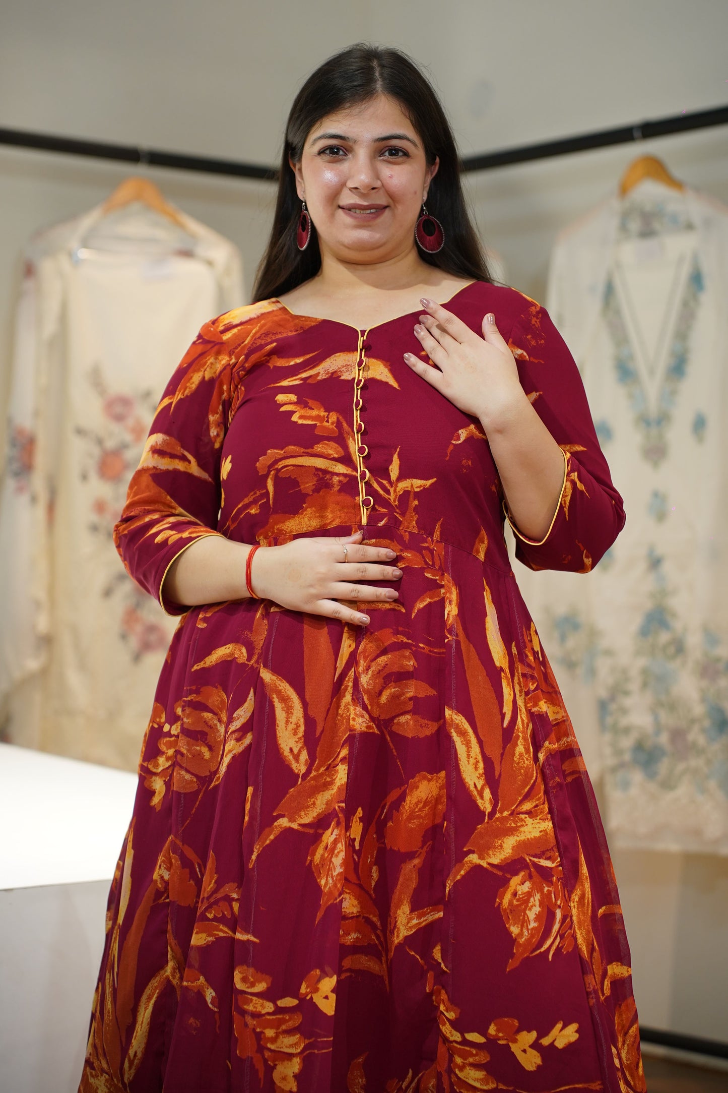 Maroon Mogra Floral Anarkali Set