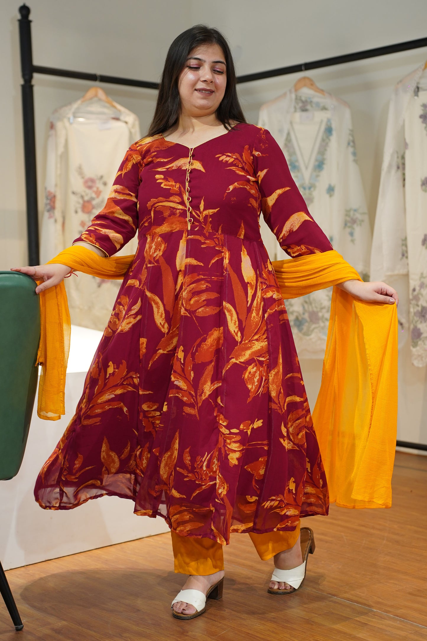 Maroon Mogra Floral Anarkali Set