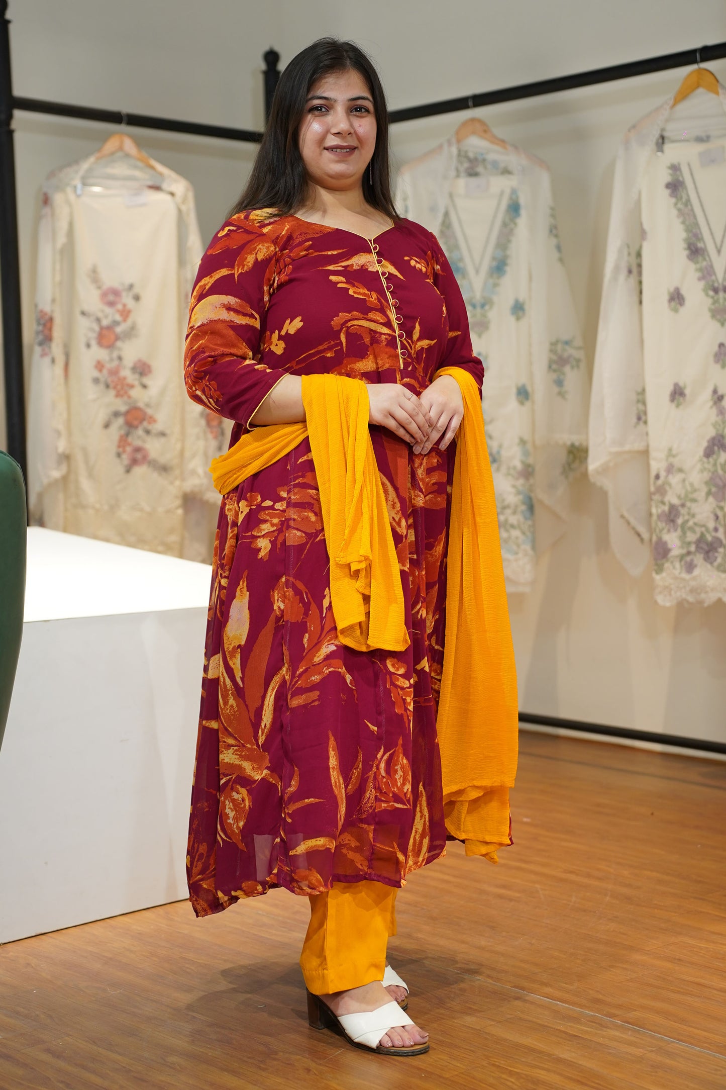 Maroon Mogra Floral Anarkali Set