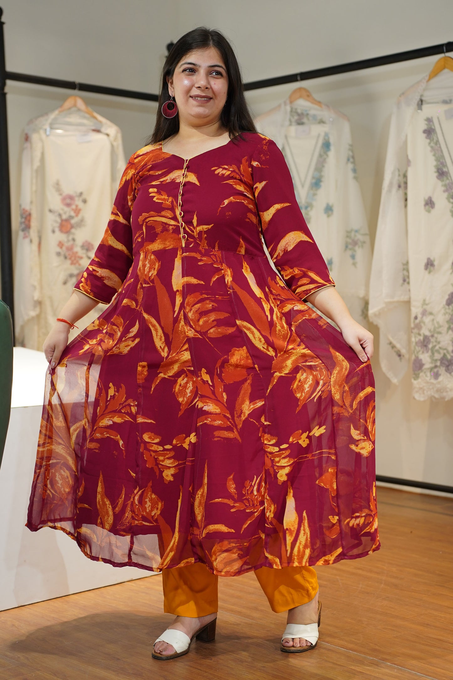 Maroon Mogra Floral Anarkali Set