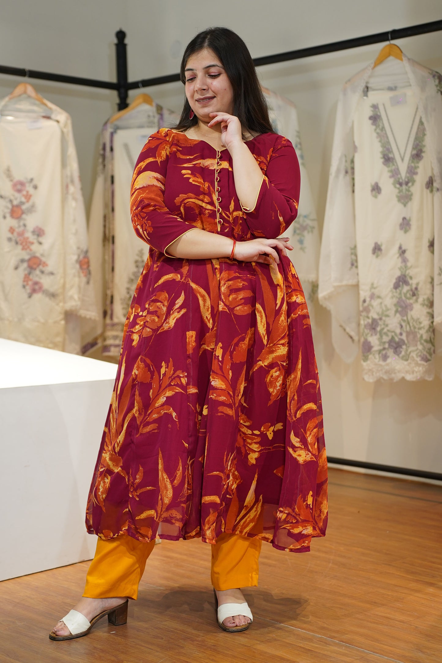 Maroon Mogra Floral Anarkali Set