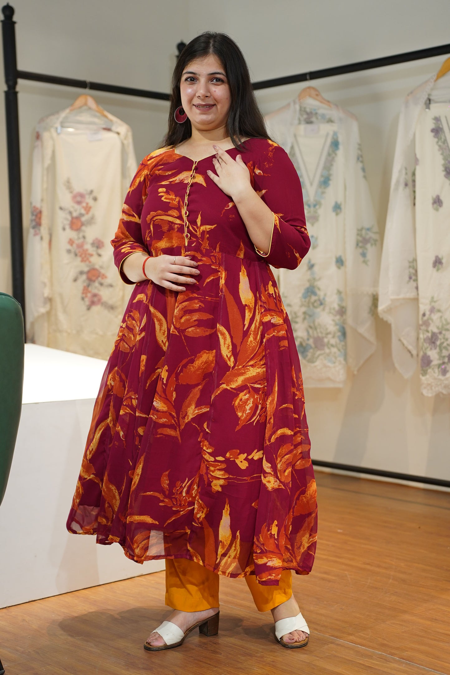 Maroon Mogra Floral Anarkali Set