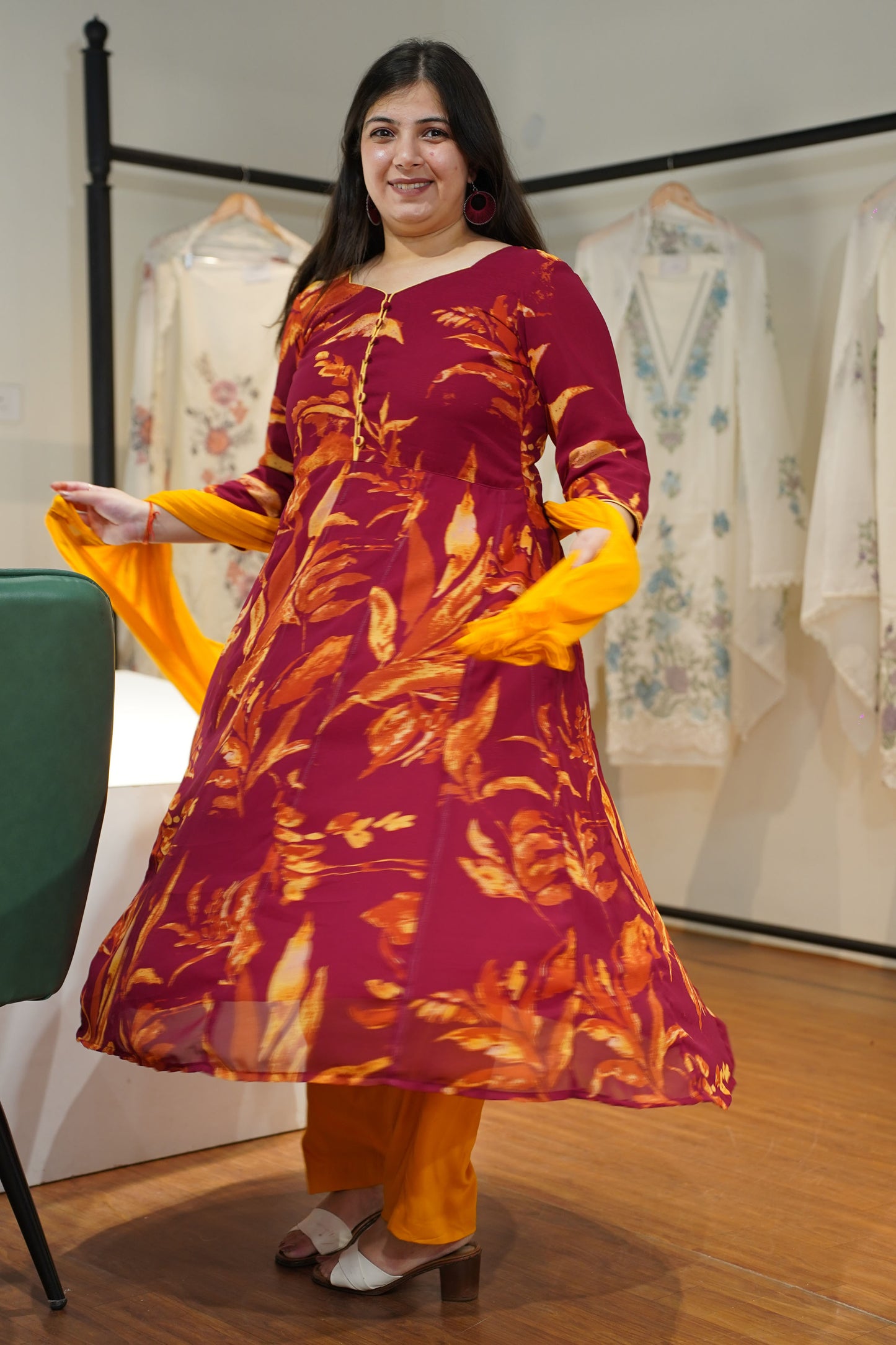 Maroon Mogra Floral Anarkali Set