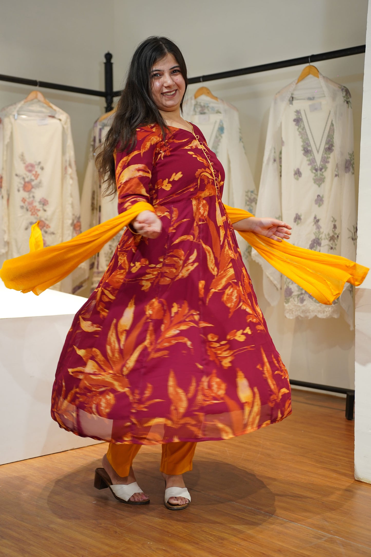 Maroon Mogra Floral Anarkali Set