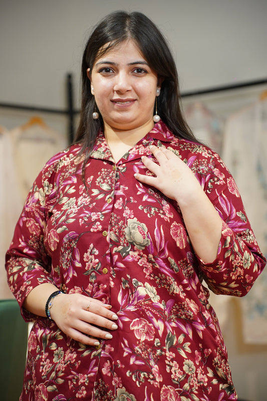Berry Maroon Foiled Rayon Shirt