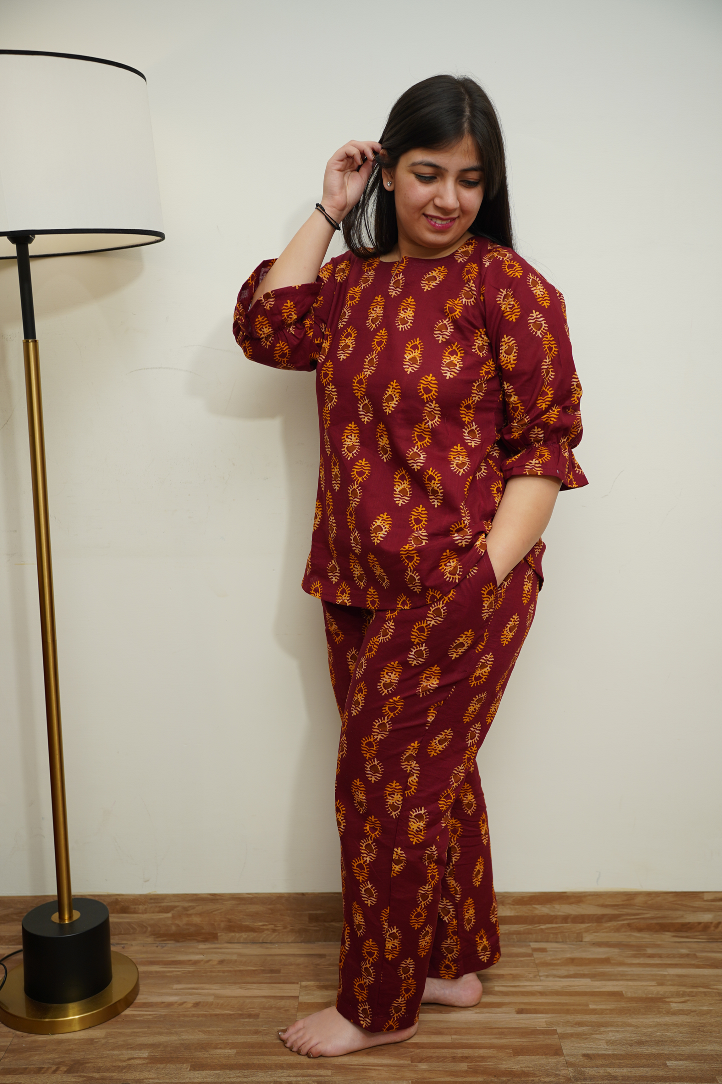 Maroon Petal Cotton Night Suit