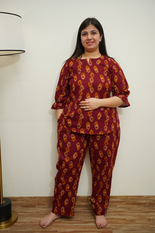 Maroon Petal Cotton Night Suit