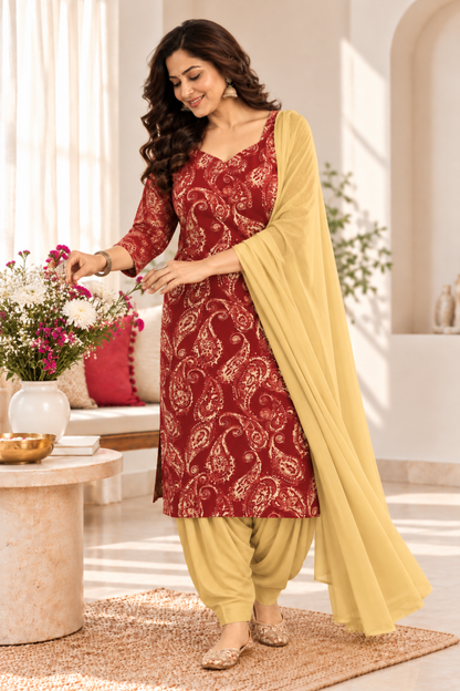 Maroon Paisley Printed Suit Set