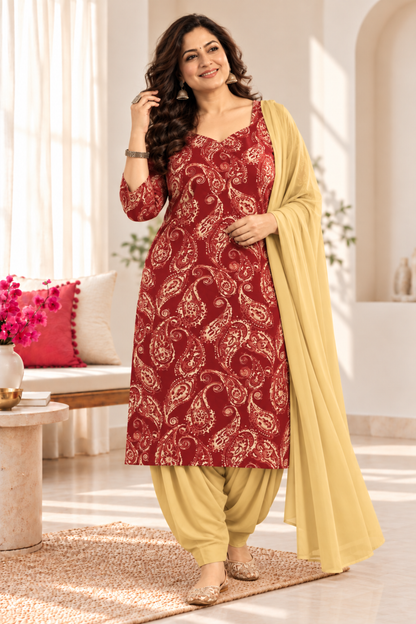 Maroon Paisley Printed Suit Set