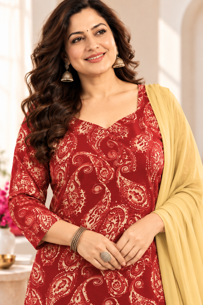 Maroon Paisley Printed Suit Set