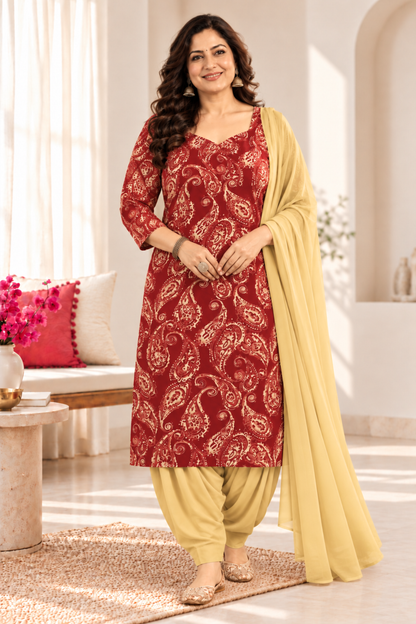 Maroon Paisley Printed Suit Set