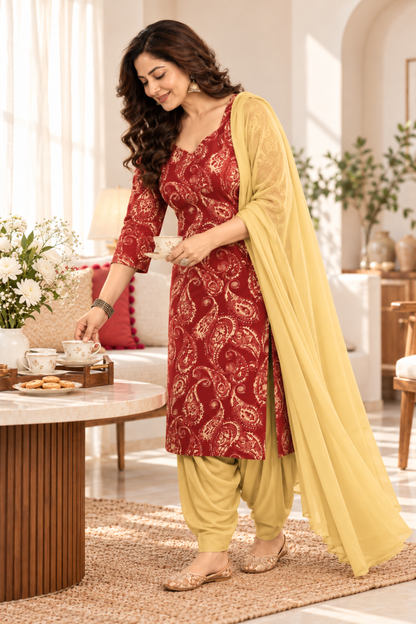 Maroon Paisley Printed Suit Set