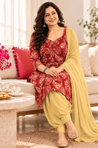 Maroon Paisley Printed Suit Set