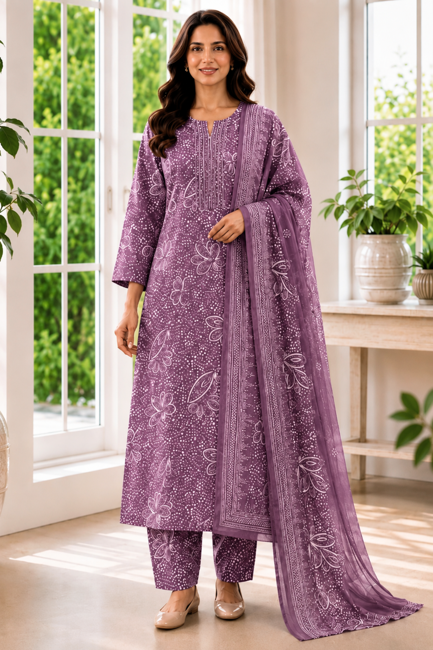 Dusty Peony Foiled Cotton Kurta Set