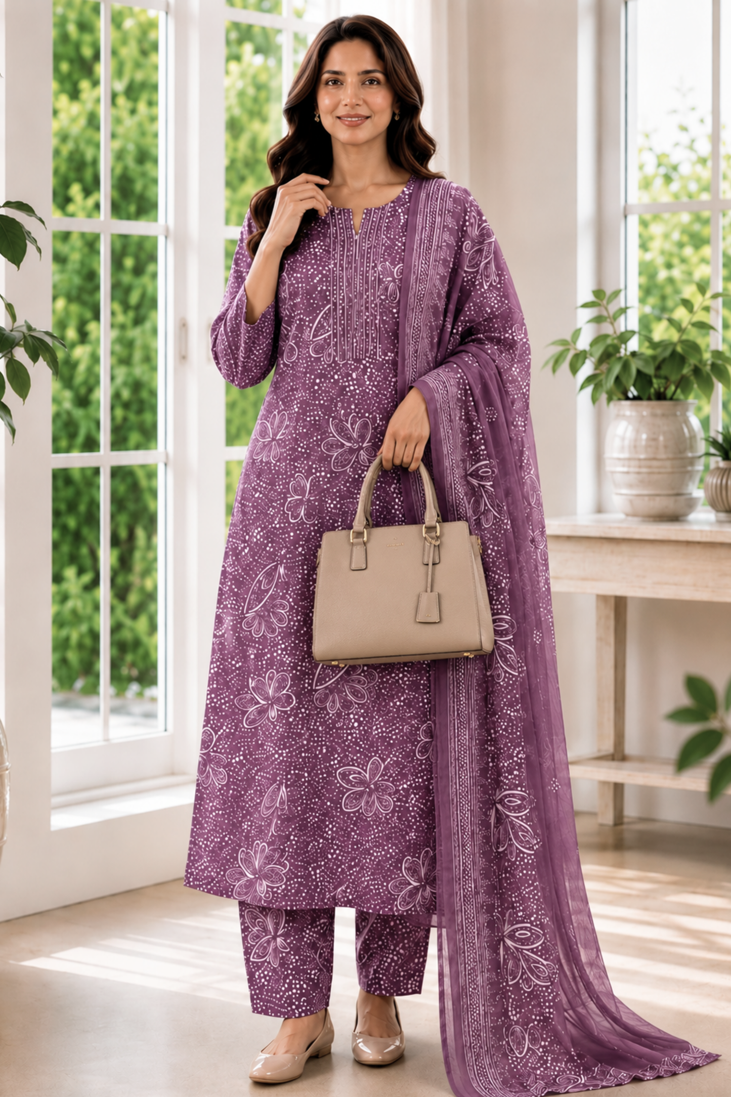 Dusty Peony Foiled Cotton Kurta Set