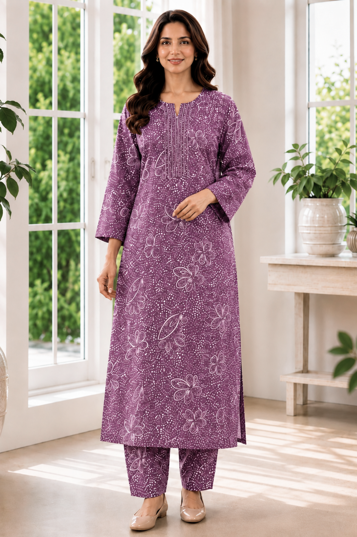 Dusty Peony Foiled Cotton Kurta Set