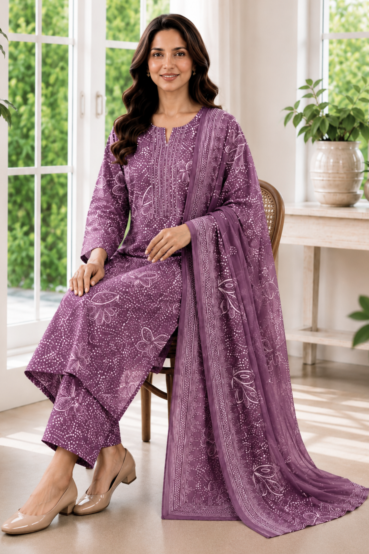 Dusty Peony Foiled Cotton Kurta Set