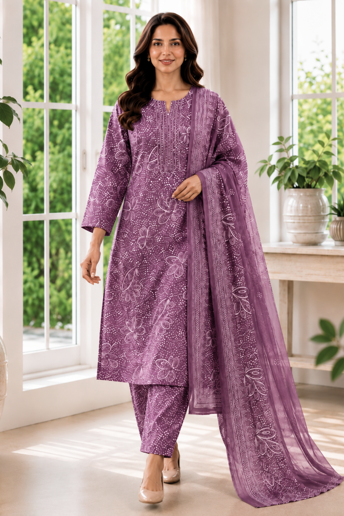 Dusty Peony Foiled Cotton Kurta Set