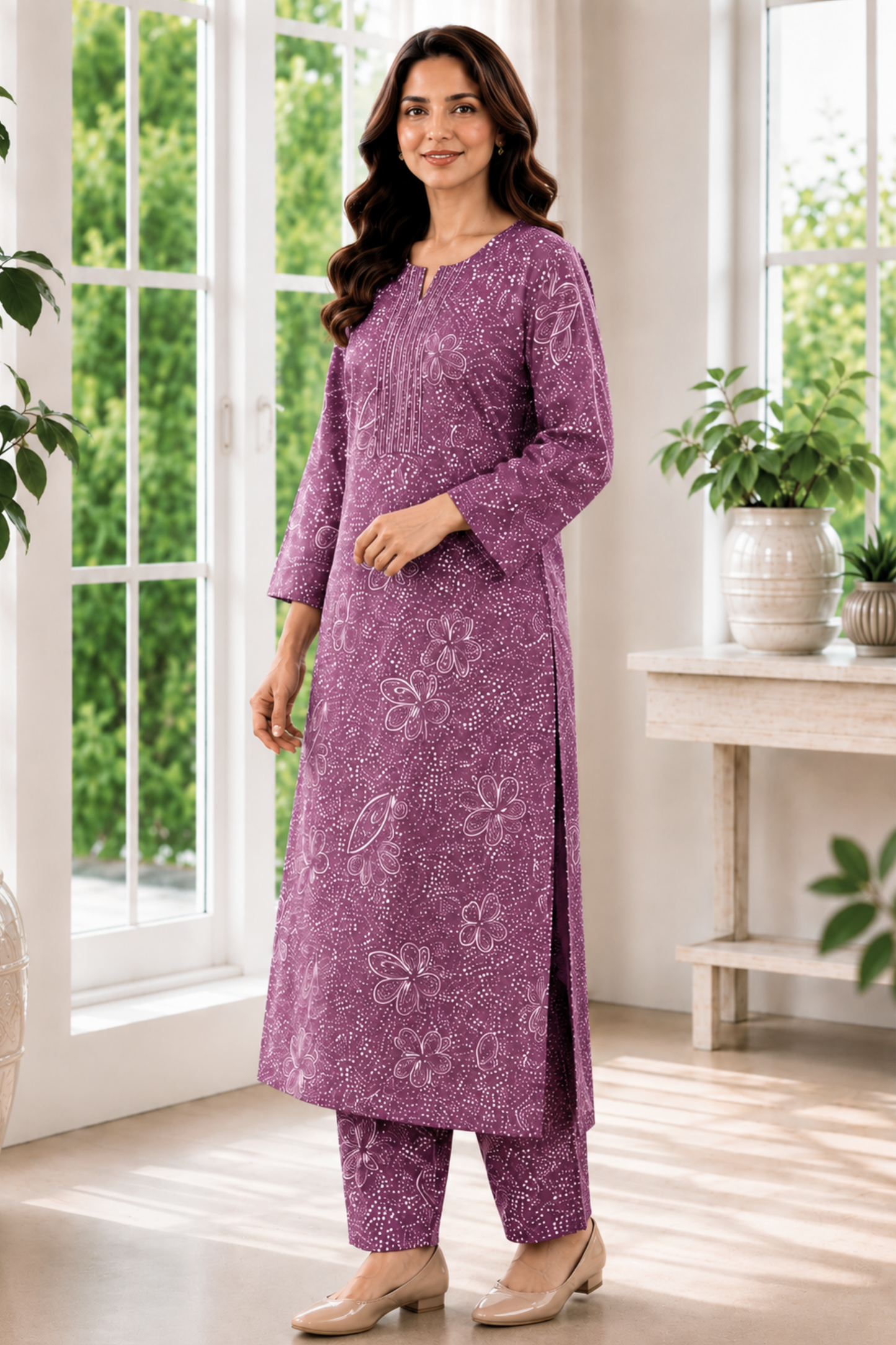 Dusty Peony Foiled Cotton Kurta Set