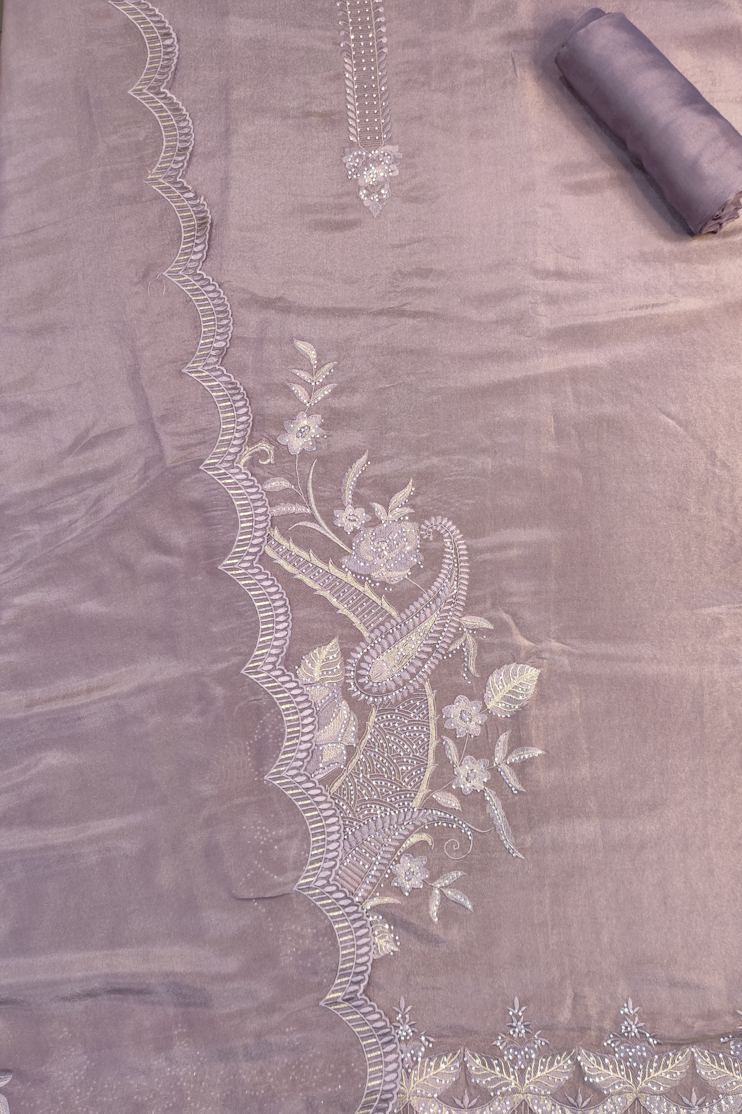 Mauve Shimmer Silk Suit With Swarovski Work