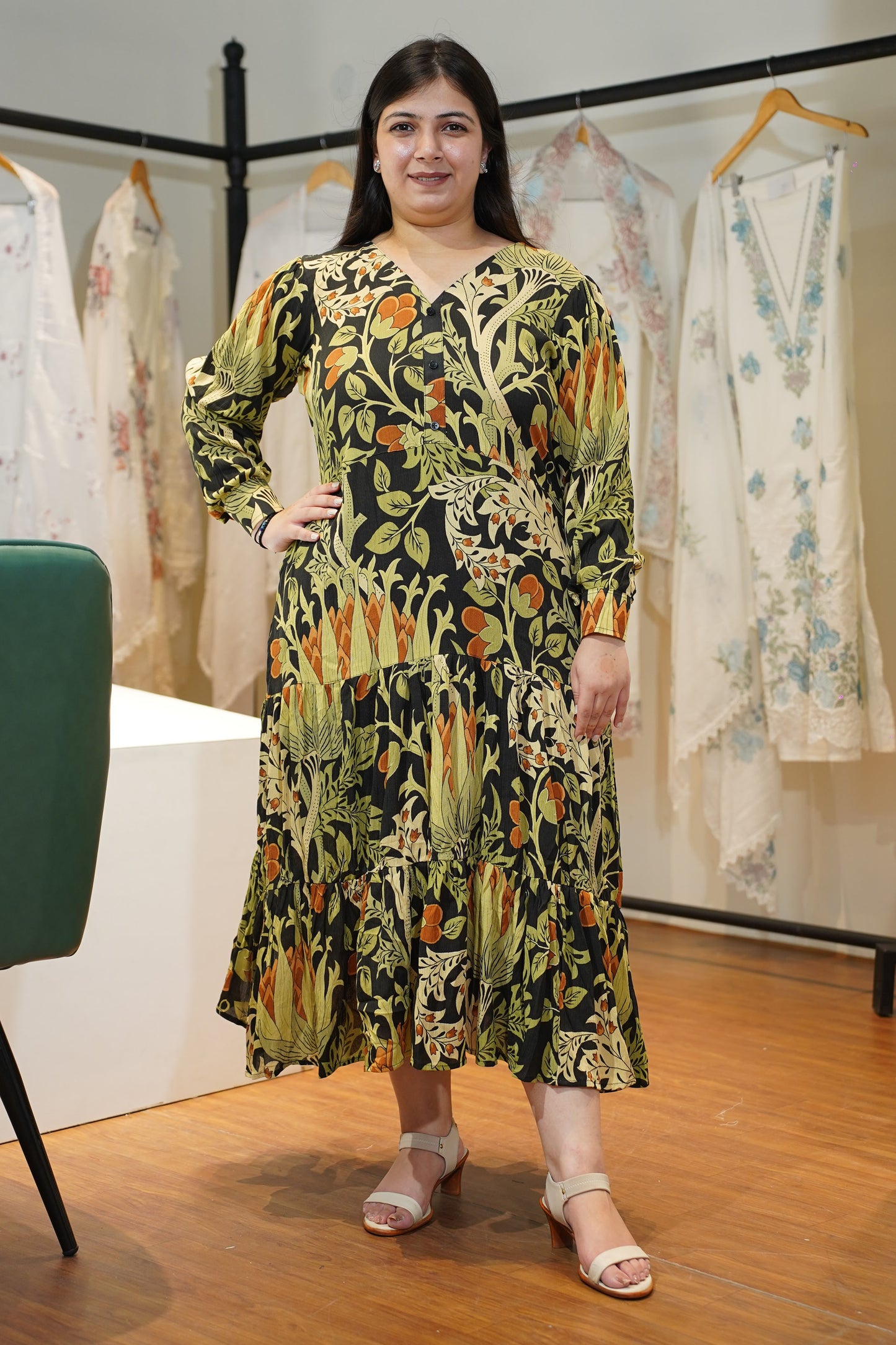 Midnight Olive Tiered Calf Dress