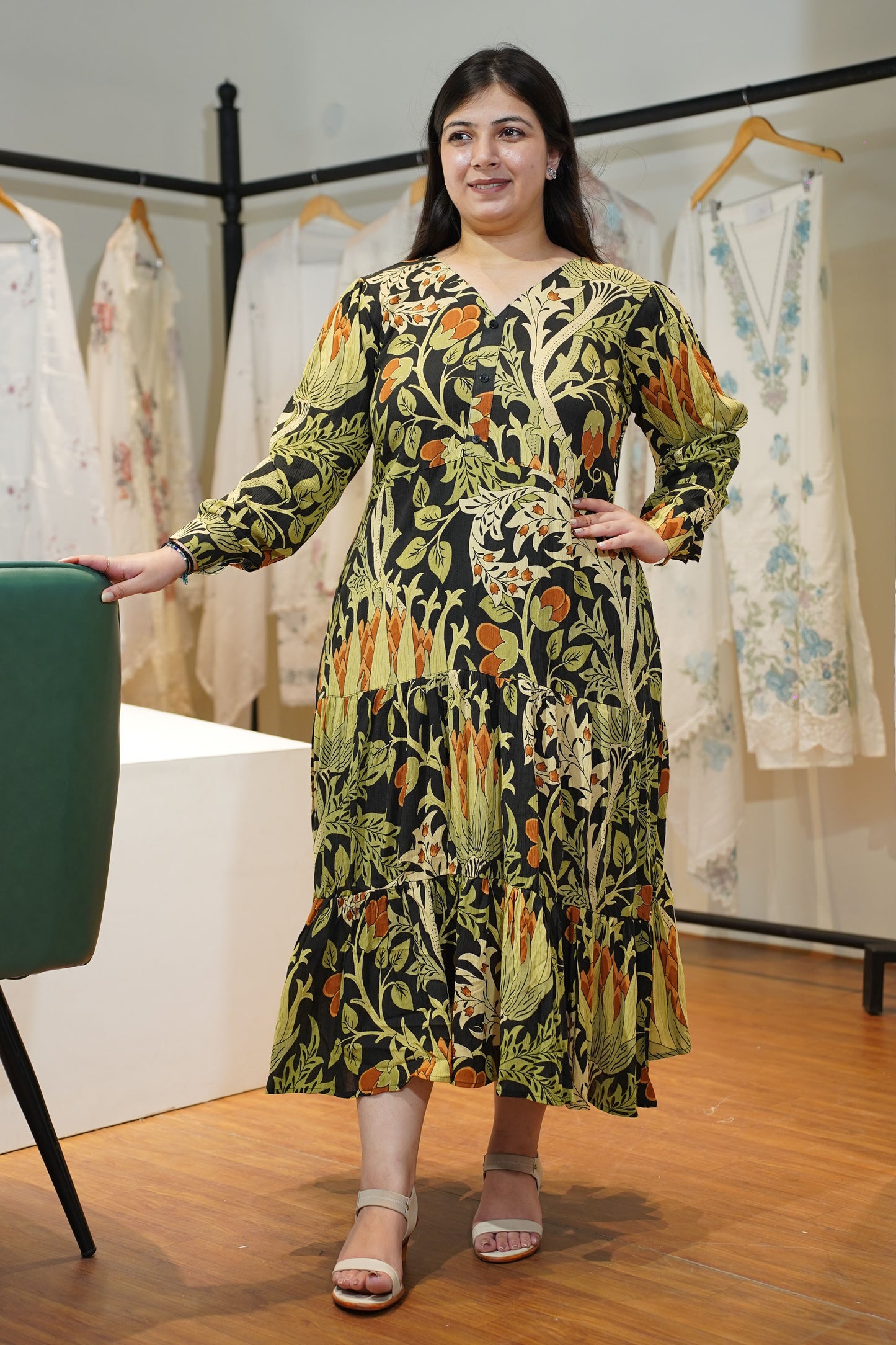 Midnight Olive Tiered Calf Dress