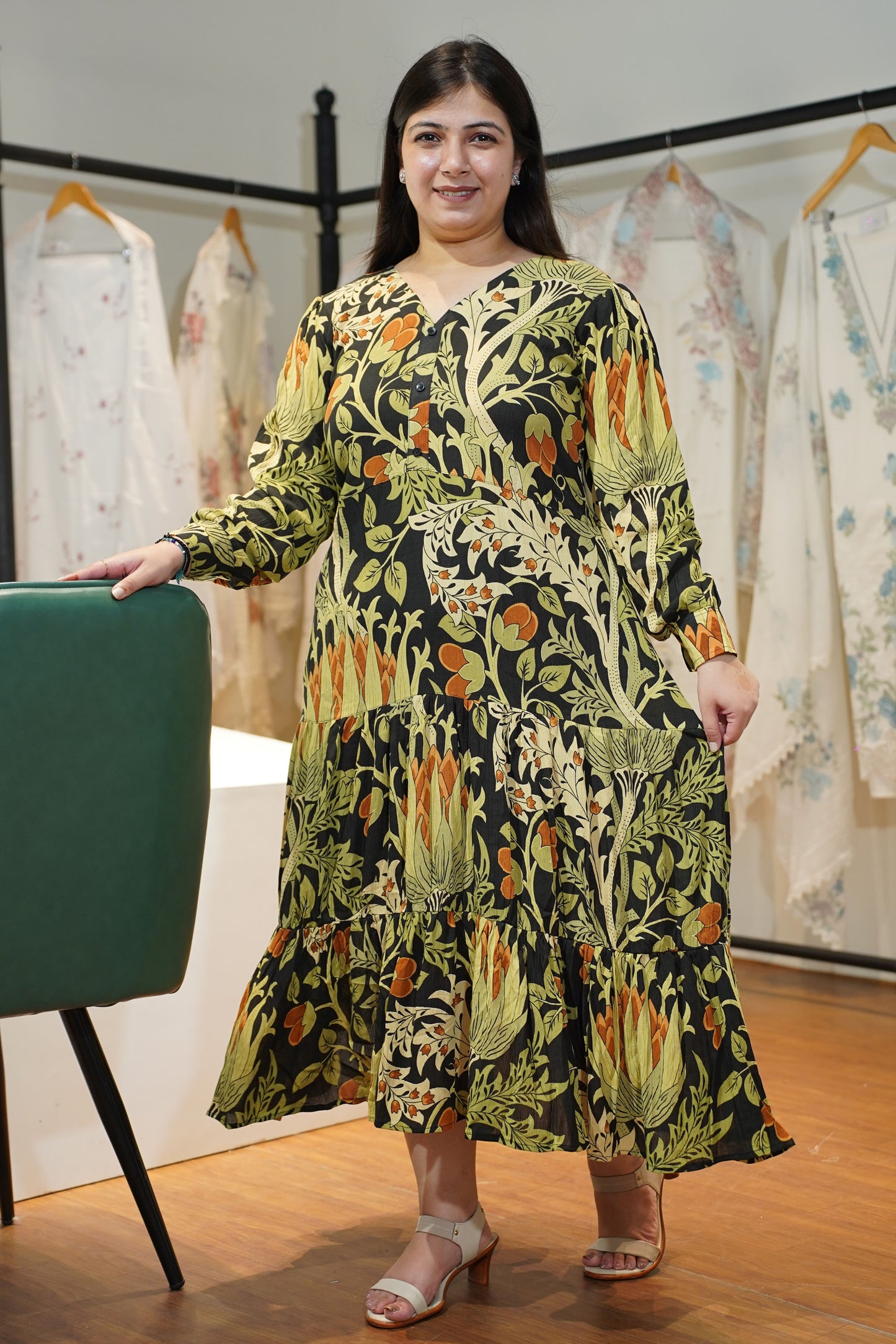 Midnight Olive Tiered Calf Dress