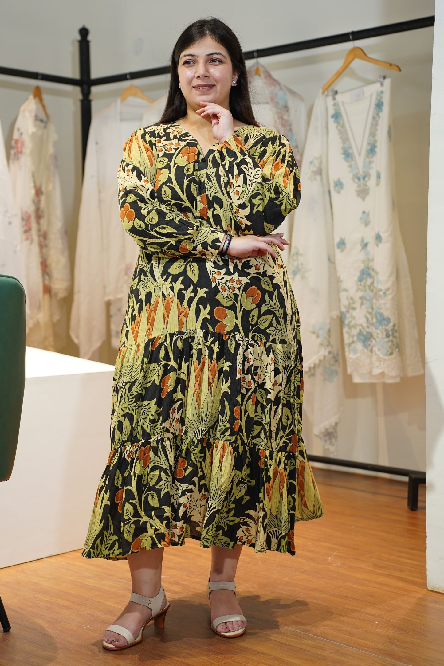 Midnight Olive Tiered Calf Dress